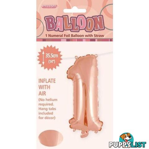 Rose Gold 1 Numeral Foil Balloon 35cm (14) - 9311965428411