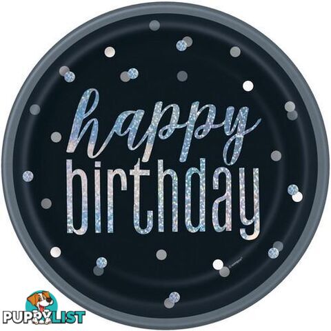 Black And Silver Happy Birthday 8 x 23cm (9) Prismatic Paper Plates - 011179835850