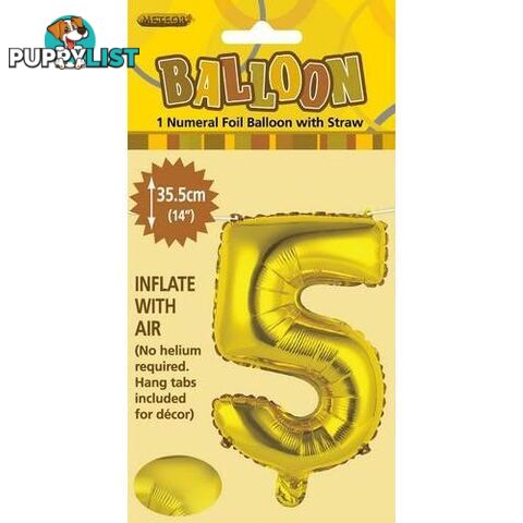 Gold 5 Numeral Foil Balloon 35cm (14) - 9311965428954