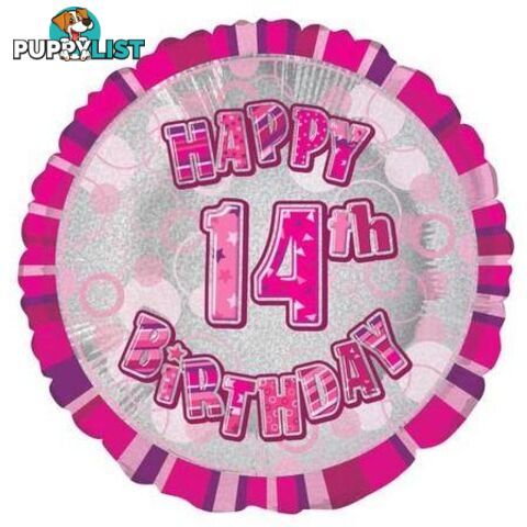 Glitz Pink 14th Birthday Round 45cm (18) Foil Balloon Packaged - 011179556434