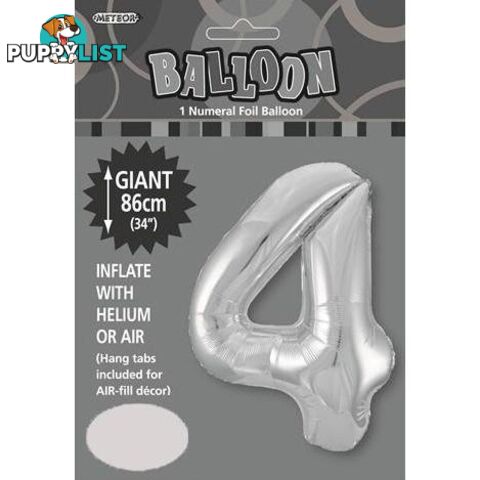 Silver 4 Numeral Foil Balloon 86cm (34) - 9311965482949