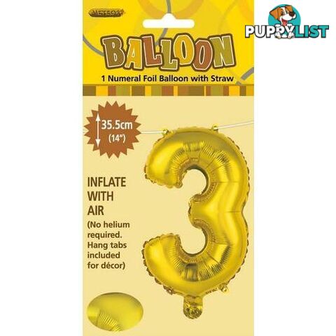 Gold 3 Numeral Foil Balloon 35cm (14) - 9311965428930