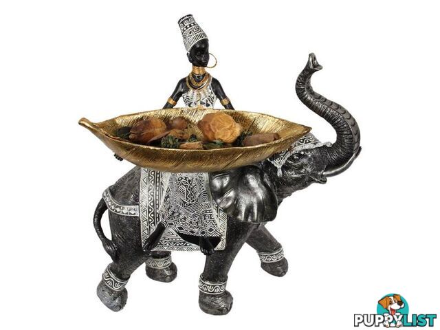 African Lady on Elephant with Gold Tray 37cm - 9319844630528