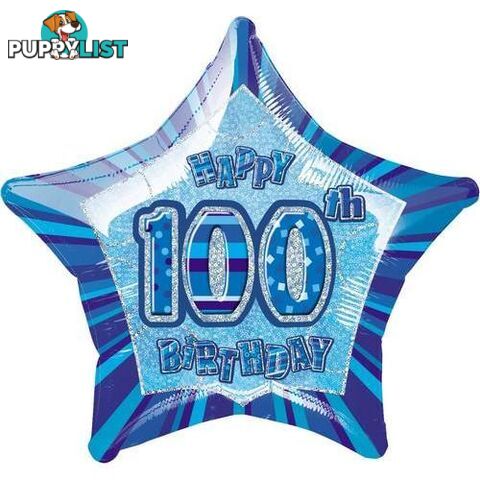 Glitz Blue 100th Birithday Star 50cm (20) Foil Balloon Packaged - 011179553914