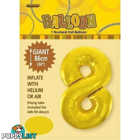 Gold 8 Numeral Foil Balloon 86cm (34) - 9311965483182