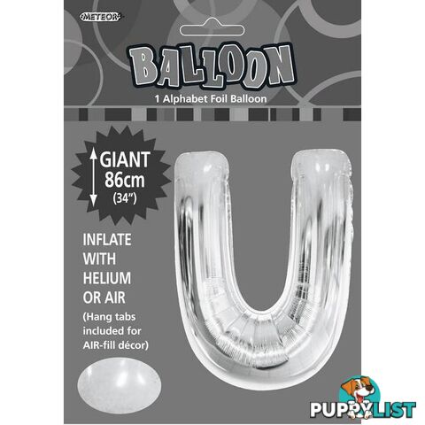 Silver U Alphabet Foil Balloon 86cm (34) - 9311965483601