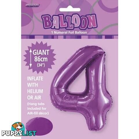 Pretty Purple 4 Numeral Foil Balloon 86cm (34) - 9311965506249