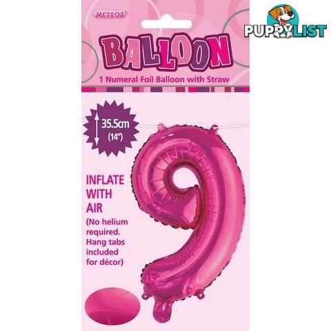 Hot Pink 9 Numeral Foil Balloon 35cm (14) - 9311965429098