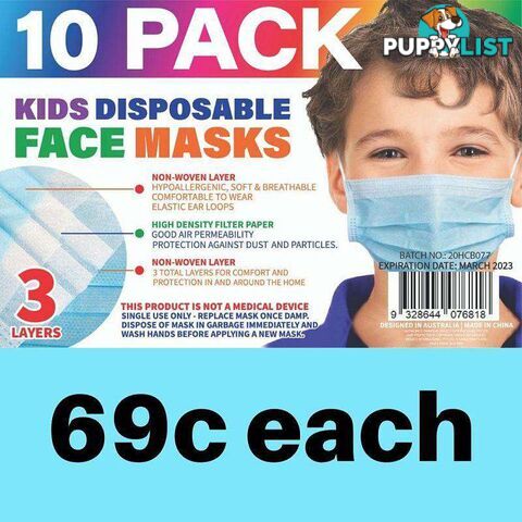 Disposable Kids Face Mask White & Blue 10 PK - 9328644076818