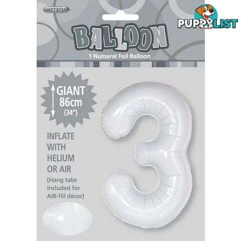 White 3 Numeral Foil Balloon 86cm (34) - 9311965506737