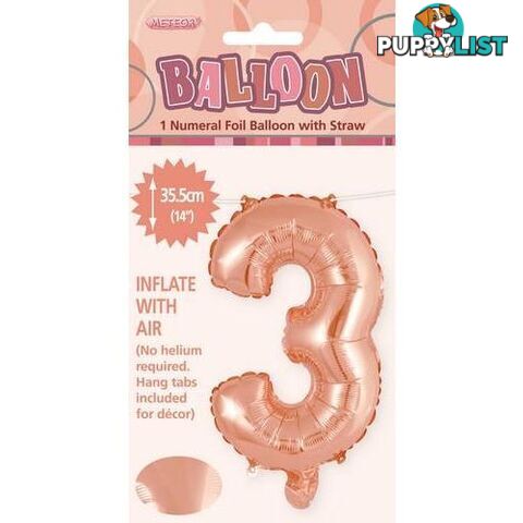 Rose Gold 3 Numeral Foil Balloon 35cm (14) - 9311965428435