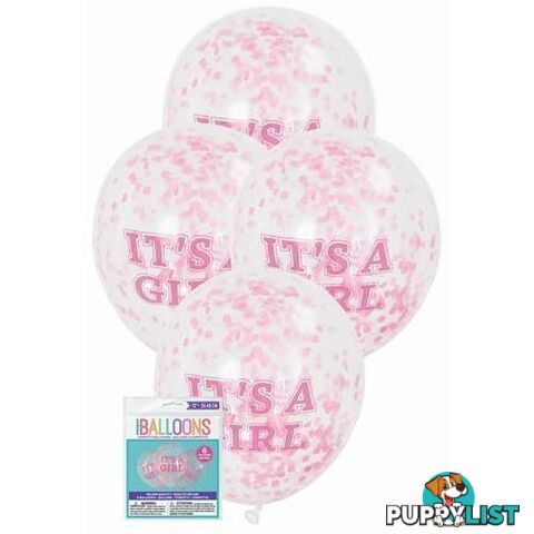 Its A Girl 6 x 30.48cm (12) Clear Balloons Prefilled With Pink Confetti - 011179564057