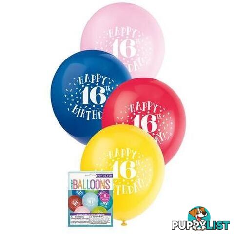 Happy 16th Birthday 8 x 30cm (12) Balloons - Assorted Colours - 011179549160