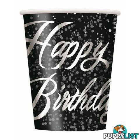 Glitz Silver Happy Birthday 8 x 270ml (9oz) Foil Stamped Paper Cups - 011179574865