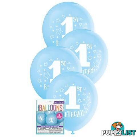 1st Birthday Stars 8 x 30cm (12) Balloons - Blue - 011179549238