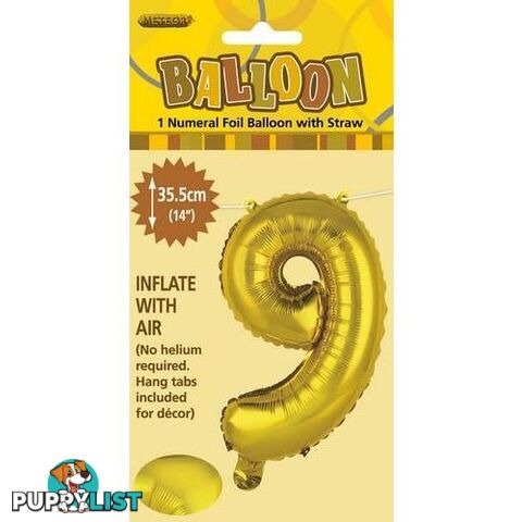 Gold 9 Numeral Foil Balloon 35cm (14) - 9311965428992