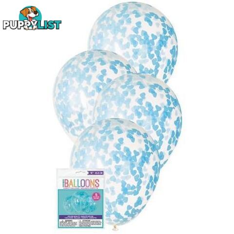 5 x 40.6cm (16) Clear Balloons Prefilled with Powder Blue Heart Shaped Confetti - 011179733958