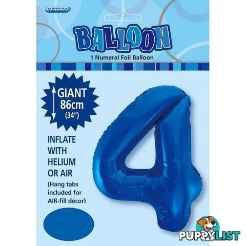 Royal Blue 4 Numeral Foil Balloon 86cm (34) - 9311965483342