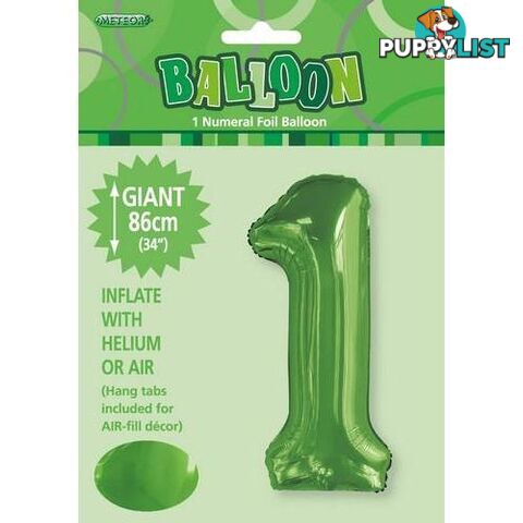 Lime Green 1 Numeral Foil Balloon 86cm (34) - 9311965506119