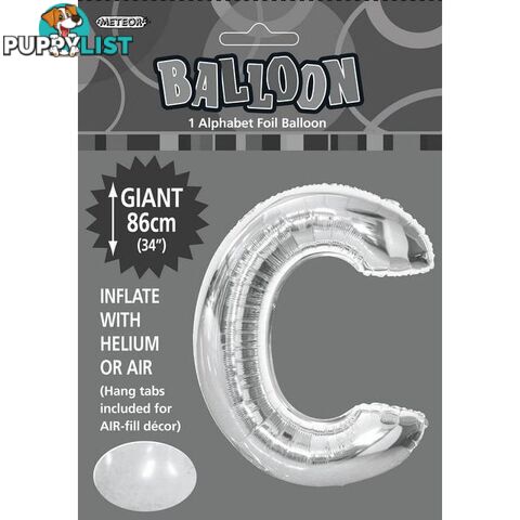 Silver C Alphabet Foil Balloon 86cm (34) - 9311965483427