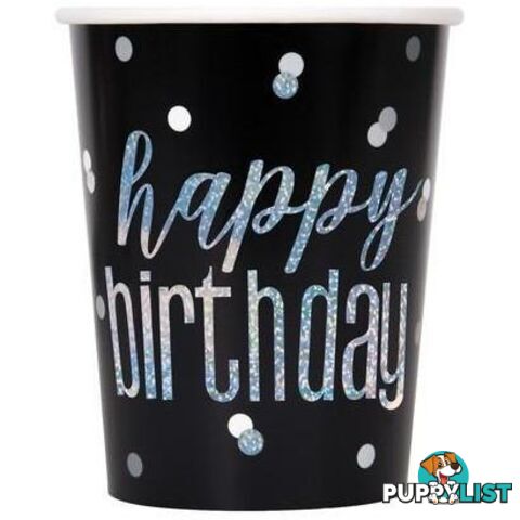 Black And Silver Happy Birthday 8 x 270mL (9oz) Prismatic Paper Cups - 011179835867