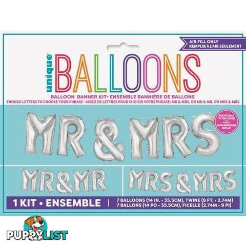 Mr & Mrs Silver 35.5cm (14) Foil Letter Balloon Kit - 011179536696