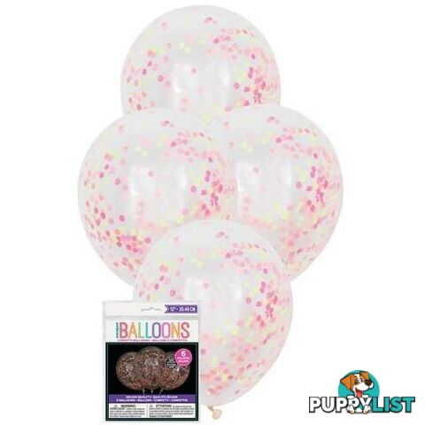 6 x 30.48cm (12) Clear Balloons Prefilled With Neon Confetti - 011179563999