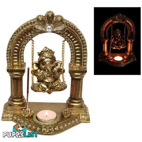 Gold Ganesh On Swing With Tealight & Incense Holder 23cm - 9319844630603