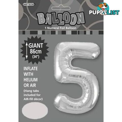 Silver 5 Numeral Foil Balloon 86cm (34) - 9311965482956