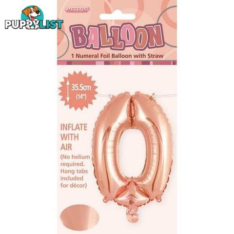 Rose Gold 0 Numeral Foil Balloon 35cm (14) - 9311965428404