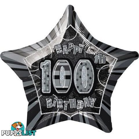 Glitz Black 100th Birithday Star 50cm (20) Foil Balloon Packaged - 011179553938