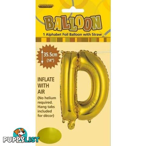 Gold D Alphabet Foil Balloon 35cm (14) - 9311965446538