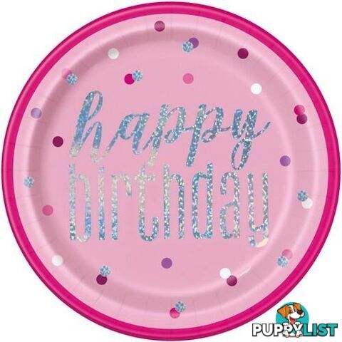 Pink Happy Birthday 8 x 23cm (9) Prismatic Paper Plates - 011179836055