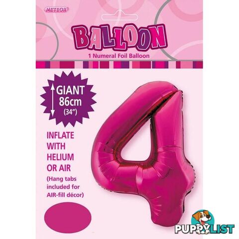 Hot Pink 4 Numeral Foil Balloon 86cm (34) - 9311965483243