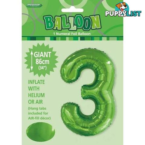 Lime Green 3 Numeral Foil Balloon 86cm (34) - 9311965506133