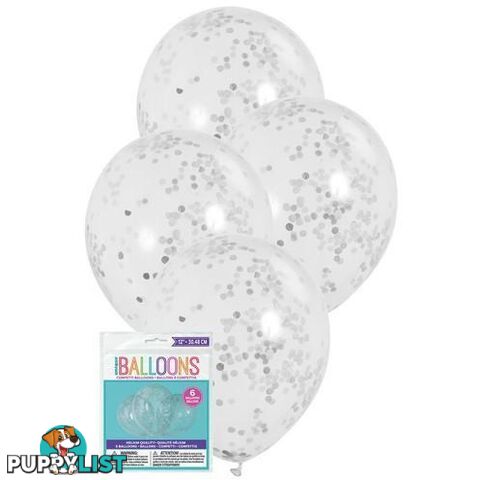 6 x 30.48cm (12) Clear Balloons Prefilled With Silver Confetti - 011179564088