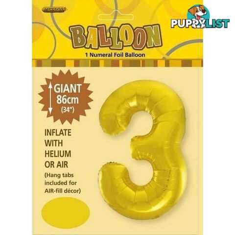 Gold 3 Numeral Foil Balloon 86cm (34) - 9311965483137