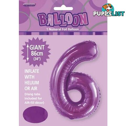 Pretty Purple 6 Numeral Foil Balloon 86cm (34) - 9311965506263