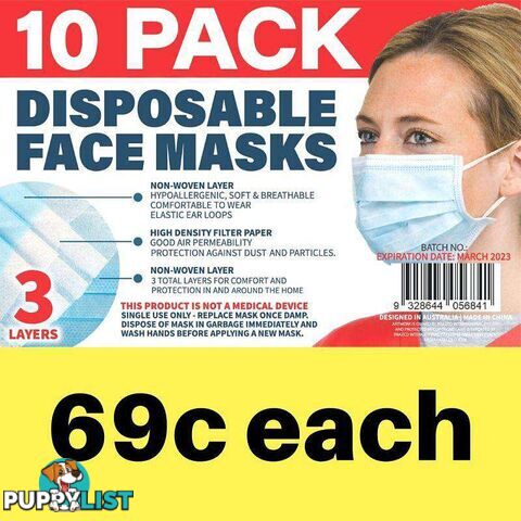 Disposable Adult Face Mask Light Blue 10PK - 9328644056841