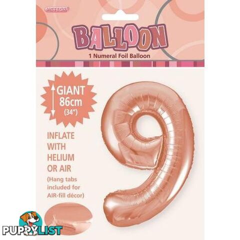 Rose Gold 9 Numeral Foil Balloon 86cm (34) - 9311965506492