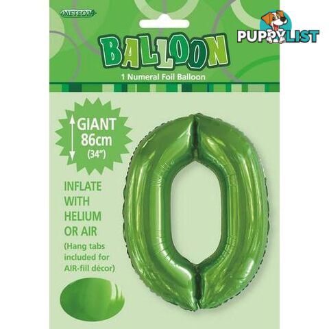 Lime Green 0 Numeral Foil Balloon 86cm (34) - 9311965506102