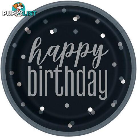 Black And Silver Happy Birthday 8 x 23cm (9) Paper Plates - 011179835874