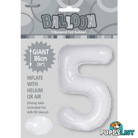 White 5 Numeral Foil Balloon 86cm (34) - 9311965506751