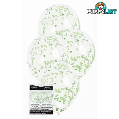 6 x 30cm (12) Clear Balloons With Lime Green Confetti - 011179581191