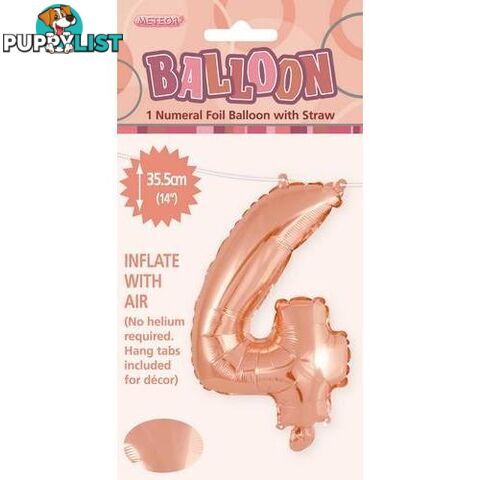 Rose Gold 4 Numeral Foil Balloon 35cm (14) - 9311965428442