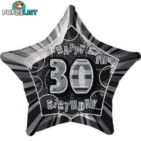 Glitz Black And Silver 30th Birthday Star 50cm (20) Foil Balloon Packaged - 011179551491