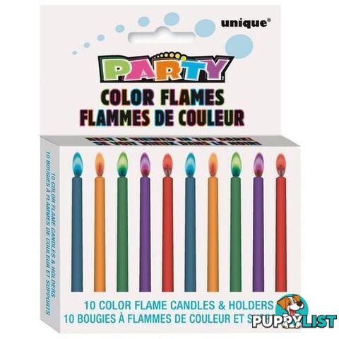 10 Colour Flame Candles With Holders - 011179340996