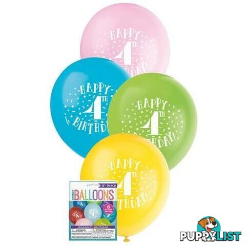 Happy 4th Birthday 8 x 30cm (12) Balloons - Assorted Colours - 011179549344