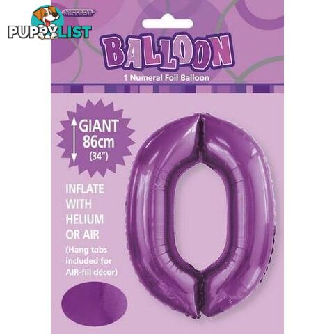 Pretty Purple 0 Numeral Foil Balloon 86cm (34) - 9311965506201