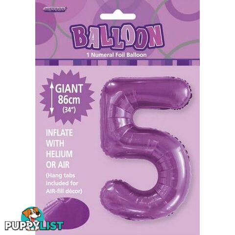 Pretty Purple 5 Numeral Foil Balloon 86cm (34) - 9311965506256